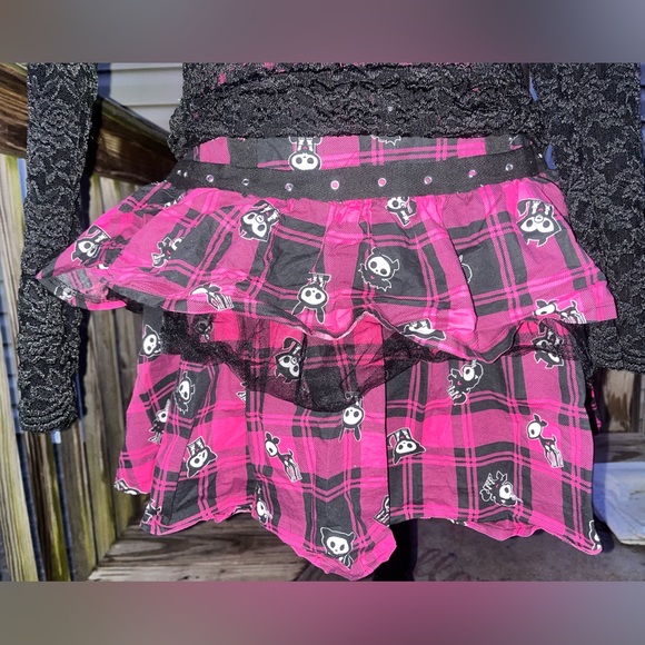 Skelanimals Hasbro Hot Pink & Black Plaid Ruffle Mesh Skirt quirky bats print •M - Picture 1 of 16